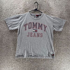 Vintage Tommy Hilfiger Jeans Shirt Mens Medium Gray Big Spell Out 90s Y2K Street
